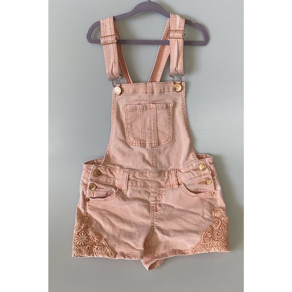 Justice Overalls Shorts Denim Lightly Distressed Peach Color buckles Girls 8 - Picture 13 of 13